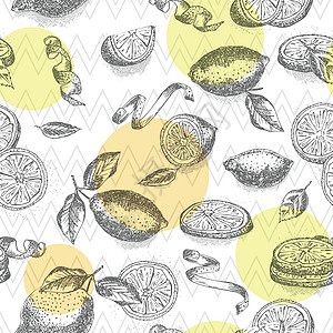 无缝图案手绘半 四分之一 切片和热情柠檬水果在几何颜色背景上的黑色颜色 复古复古图形设计植物素描蚀刻卡片橙子草药草本植物插图绘画图片