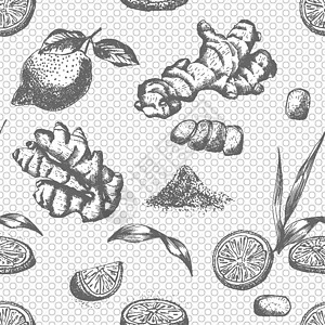 由姜树根 柠檬 生活和鲜花所绘制的无缝图案手法 黑色白色背景 变本加厉的图形设计 植物素描 雕刻风格水果绘画草药蚀刻果汁叶子插图图片
