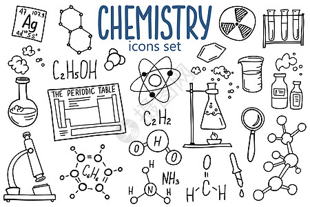化学符号图标集 科学主题涂鸦设计 教育和学习理念 回到学校笔记本的粗略背景 而不是垫子 速写本疫苗化学品理论显微镜艺术绘画辐射线图片