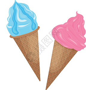 冰淇淋 华夫蛋卷中的美味冰淇淋 香草冰淇淋粉色和蓝色 在白色背景上孤立的矢量图图片