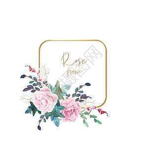 金框 上面有苍白的玫瑰 叶子和食用植物 现代最小矢量设计生日横幅花朵生态正方形广告婚礼新娘打印邀请函图片