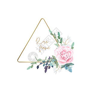 金框 上面有苍白的玫瑰 叶子和食用植物 现代最小矢量设计横幅生态花束新娘框架婚礼打印桉树三角形金子图片