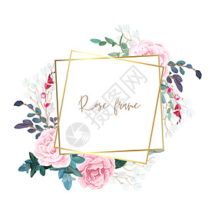 金框 上面有苍白的玫瑰 叶子和食用植物 现代最小矢量设计生态作品花朵乡村新娘标签横幅邀请函桉树框架图片