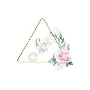金框 上面有苍白的玫瑰 叶子和食用植物 现代最小矢量设计卡片乡村花束新娘邀请函广告金子婚礼花朵横幅图片