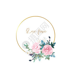 金框 上面有苍白的玫瑰 叶子和食用植物 现代最小矢量设计作品框架桉树金子婚礼圆圈标签生态乡村广告图片