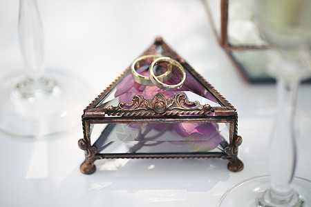 婚环装在玻璃盒子里 上面有玫瑰花瓣金属订婚水晶植物馆三角形新娘植物花束婚姻配饰图片