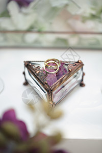 婚环装在玻璃盒子里 上面有玫瑰花瓣金属花束水晶风格珠宝植物礼物植物馆婚礼庆典图片