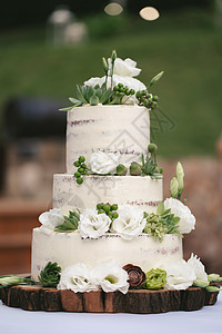 新婚夫妇在乡村婚礼上的漂亮婚礼蛋糕 木框基板上的森林风格节日蛋糕餐饮食物奶油环境婚姻玫瑰宴会庆典奢华甜点图片
