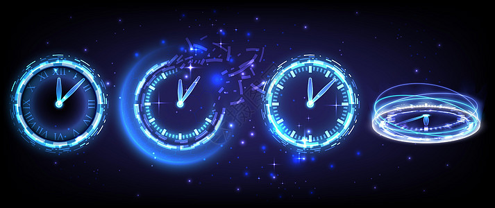 时间机器 淡入淡出 计时器和截止日期 发光的 HUD 元素时钟中的科幻高科技系列 科学未来技术的全息图门户 奇幻游戏中的魔法传送图片