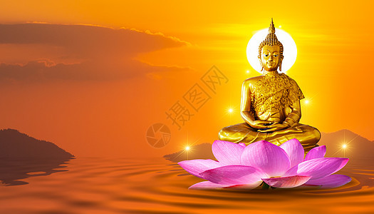 佛像水莲花 佛佛站在橙色本底的莲花上寺庙百合叶子佛教徒文化金子上帝竹子崇拜蓝色图片