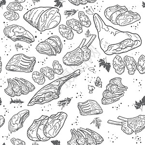 古代雕刻风格的原生肉无缝模式羊肉产品火腿横幅牛肉收藏店铺涂鸦鱼片仓库图片