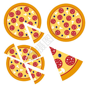 披萨切片矢量 意大利食品比萨店孤立的图标 开胃菜有蘑菇 萨拉米香肠和橄榄 比萨店菜单的矢量插图图片