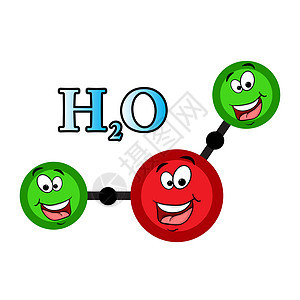 h2o 字符水分子结构 带有眼睛和微笑的液体水原子配方 孤立在白色背景上的矢量图解图片
