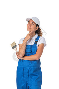 带有油漆刷的女家庭画家装潢师女士蓝色工人建造画家女性房子工作服维修图片