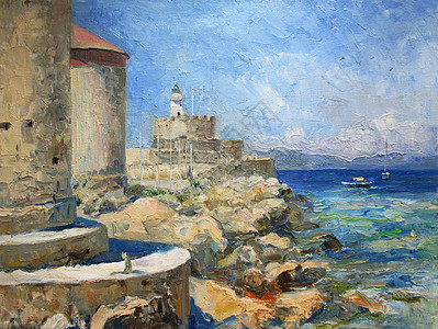 希腊罗得斯的灯塔和海洋 油画图片