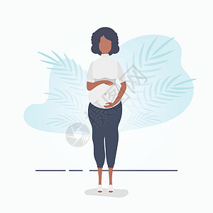 全长孕妇 精心打造的孕妇角色 明信片或海报在柔和的颜色为您的设计 平面矢量图图片
