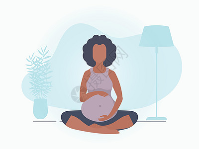 孕妇瑜伽; 活性完善的怀孕女性品格; 设计时用蓝色条纹 平面矢量图解图片