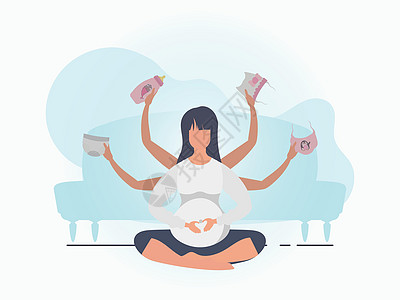 孕妇瑜伽 积极精心打造的怀孕女性角色 明信片或海报 颜色柔和 适合您 卡通风格的矢量插图图片