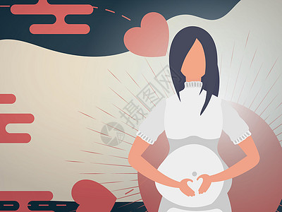 怀孕女孩用手摸肚子 中国风格的旗帜 矢量身体生活黑发女士瑜伽店铺腹部卡通片母亲沉思图片