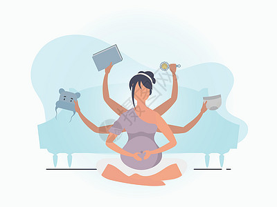 孕期妇女瑜伽 怀孕快乐 设计时用蓝色的禁令 平面矢量说明图片