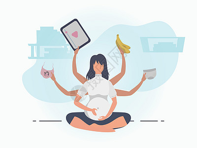 孕妇瑜伽 瑜伽和孕妇运动;设计时用蓝颜色的条纹;卡通风格的矢量插图背景图片