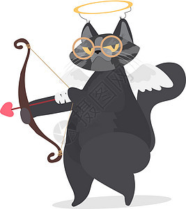 丘比特形象中的滑稽灰猫 一只表情严肃的猫 带着箭的胖乎乎的猫 恋人日的概念 适合设计师卡片或 T 恤 矢量图图片