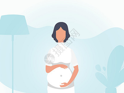 怀孕女孩用手握在肚子上 用蓝色调子绑着 矢量父母女士身体生活孩子保健家庭母亲妈妈艺术图片