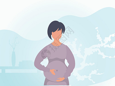 孕妇将手握在肚子上 用蓝色调子绑着 矢量图片