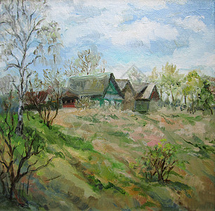 5月在俄罗斯的春季乡村房屋 油画图片