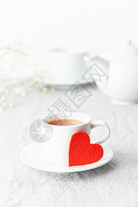 情人节 早上早餐两餐茶和鲜花的早餐 红心是爱人的象征婚礼情绪情怀桌子礼物庆典风格装饰小册子婚姻图片