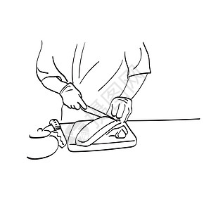 切肉大厨在木制区块插图矢量手上剪切鲑鱼的紧握手 这只手被白底线艺术所隔离图片