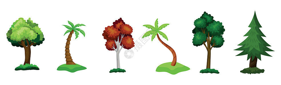 白色背景上6个不同树的一组  矢量卡通片环境植物生态木头叶子衬套花园树干桦木图片