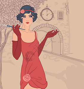 成套平板女孩 1920年代的老女人风格乡愁街道插图城市女性音乐优雅派对女士邀请函图片