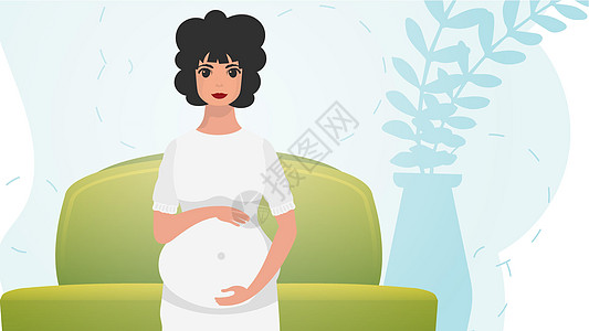 孕妇用手抱着肚子 一个美丽的孕妇站在前面 卡通风格的装饰品 (笑声)图片