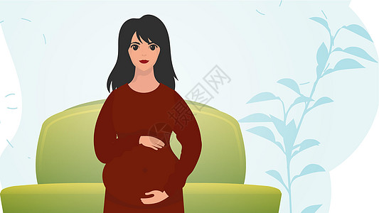 一名孕妇正捂着肚子 一个美丽的孕妇站在前面 卡通风格图片