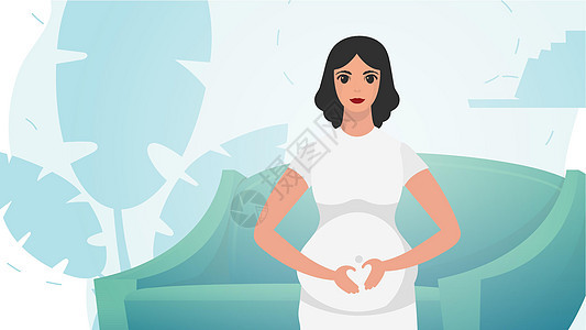 一名孕妇正捂着肚子 一个美丽的孕妇站在前面 矢量图图片