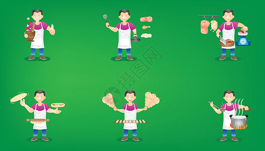 酸菜鱼图片一套商业厨师站立起来 持有食品和设备 用于烹饪木瓜沙拉 肉丸烧烤 鲜鸡猪肉市场 快餐等食用插画