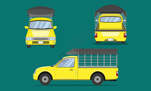 黄黄色皮卡车 车上有钢铁板盖塑料顶部的塑料顶罩前面后侧视图运输矢量插图eps10图片