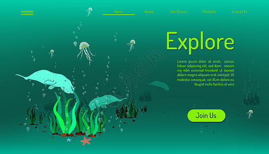 特写网页网站模板 探索海洋生命 旅行时间 绿色音背景 矢量图解 Eps10图片