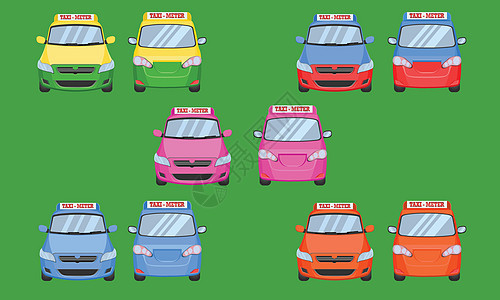泰国出租车帽车前后视图运输服务客运车辆类型黄色绿色紫色蓝色橙色红色矢量图图片