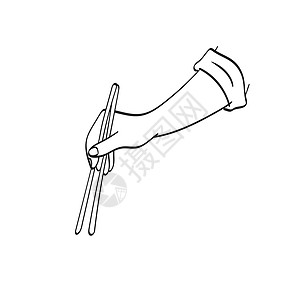 紧握着筷子的手 插图矢量手 画在白色背景线艺术上图片