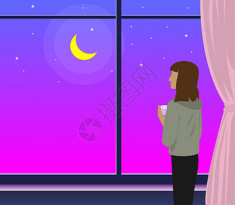 夜晚窗外一个孤独的女孩看着紫色的天空有月亮矢量人物孤独忧郁青少年窗户思维城市情感海洋寂寞女性房子星星图片