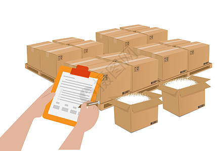 产品质检员带夹板 检查库存质量报告 纸板包装盒在交付给客户之前的质量控制插图店铺调色板运输出口货运棕色物流货物贮存图片