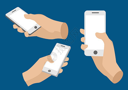 一组握着空白屏幕智能手机的手 在不同移动样式中为矢量插图图片
