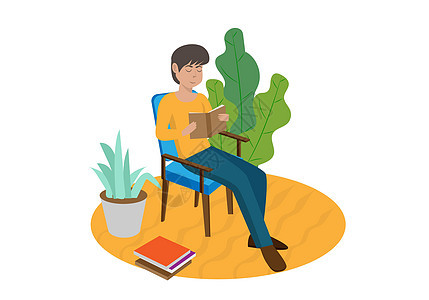 年轻人在椅子平板风格上阅读书籍 孤立于白色背景     矢量图片