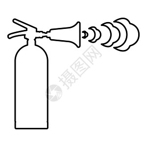 灭火器与泡沫气泡喷射一起灭火灭火轮廓线图标黑色矢量插图图像薄平面样式图片