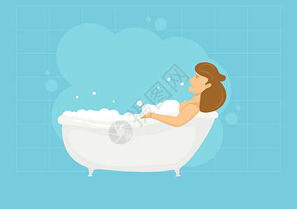 洗浴的女人充满了肥皂泡 放松的设计想法 Flat漫画插图图片