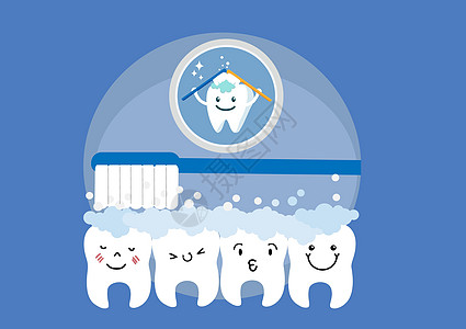 可爱有趣的白牙 用带牙膏和泡沫的牙刷刷牙 圆形图标平面设计 平面卡通插图图片