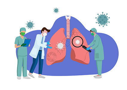 一组医生正在检查受冠状病毒感染的肺部 卡通风格的矢量图解医务人员戴着口罩从肺炎中拯救生命 关于冠状病毒治疗的想法图片