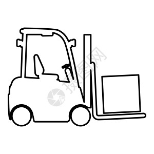 货物装载机叉车在仓库叉车装载机货运轮廓轮廓线图标黑色矢量插图图像薄平面样式中起重箱货物图片